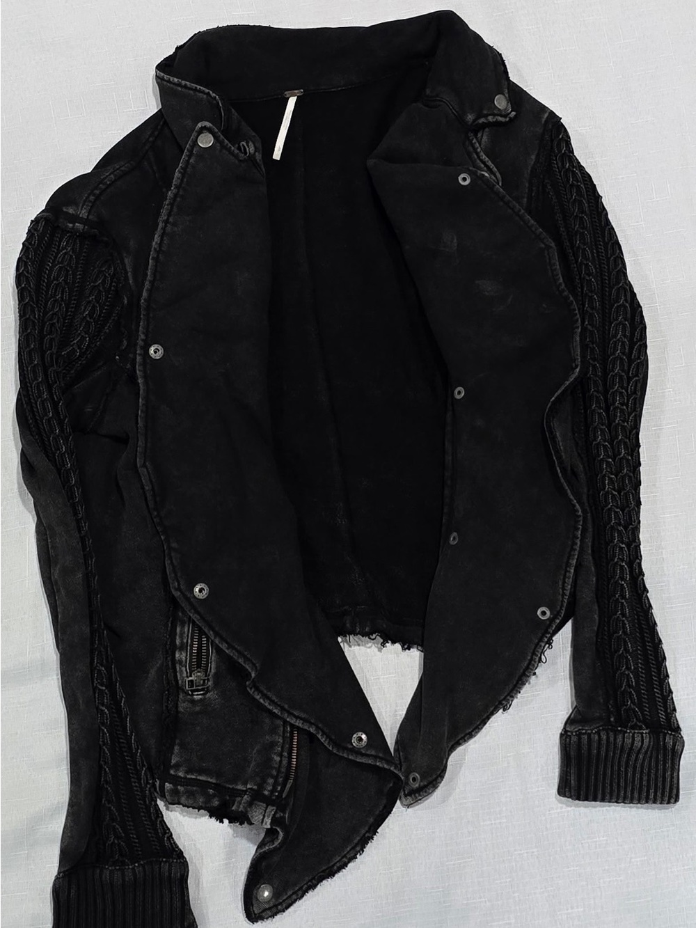 Free People Black Distressed Faux Leather Moto Jacket with Knit Sleeves - Picture 4 of 6